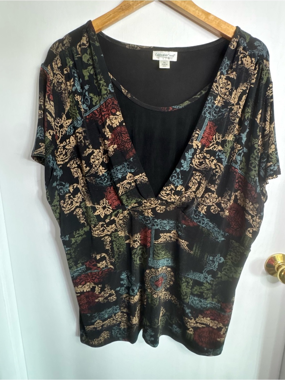 Coldwater Creek Sz XL Mixed Print Ribbed Top Y2K Babydoll Dark Floral Goth Fairy
